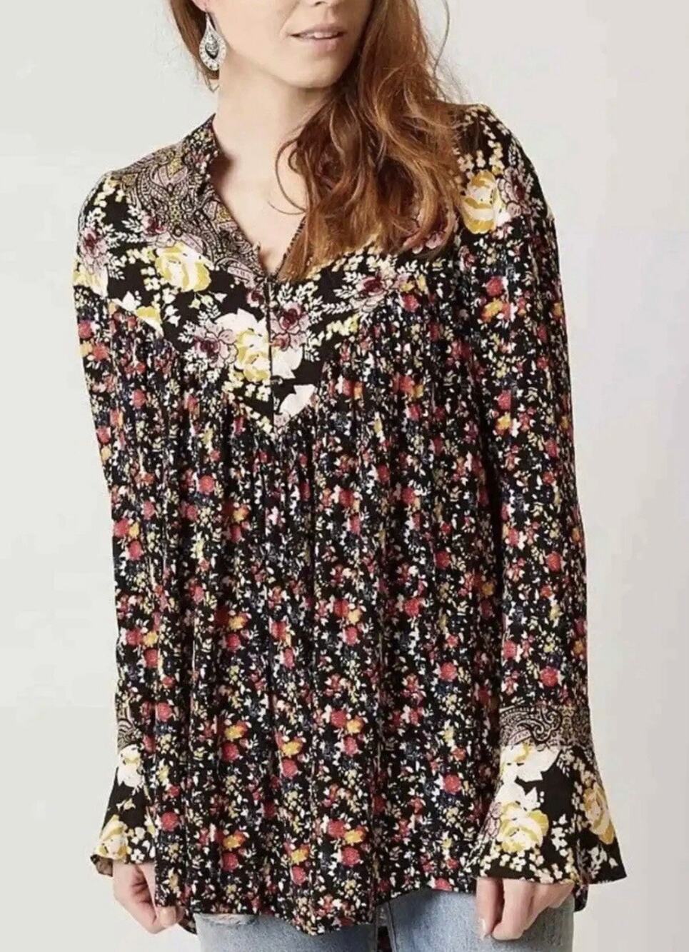 Free People Large Wildflower Fields Henley Tunic Oversized Boho Flowy Blouse
